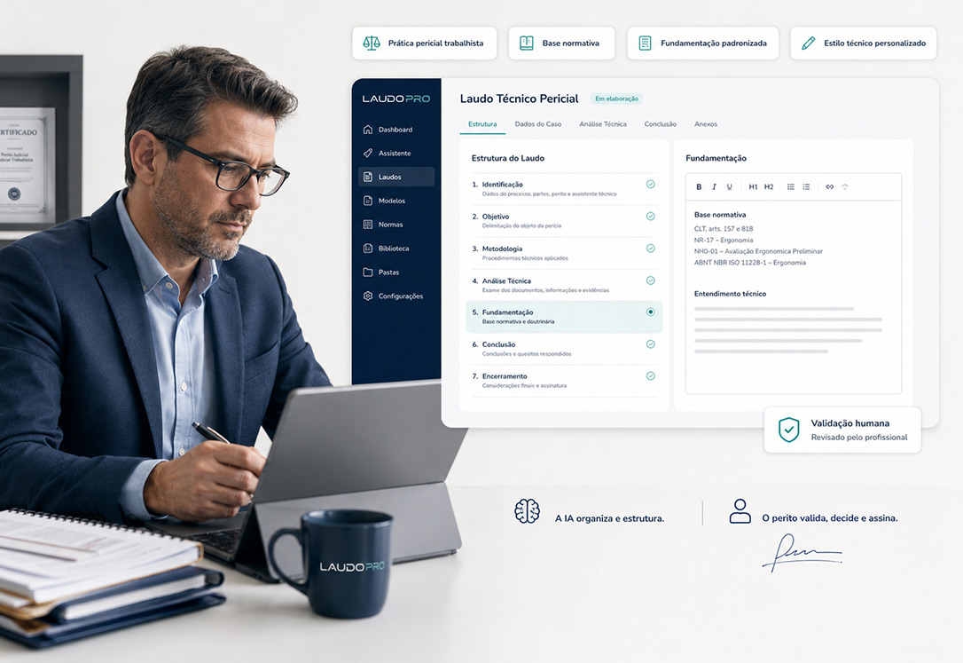 Interface Laudo Pro com prática pericial trabalhista e validação humana